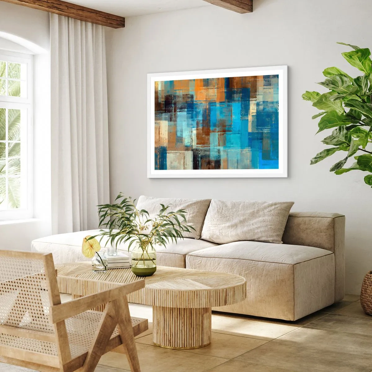 Poster in cornice bianca - Attraverso la tenda blu - 91x61 cm