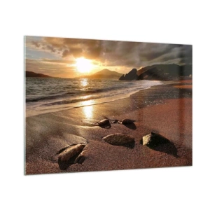 Quadro su vetro - Tramonto su una spiaggia rocciosa e colline - 100x70cm - Seguendo il sole verso le colline - Decorazione murale moderna per soggiorno e camera da letto ARTTOR