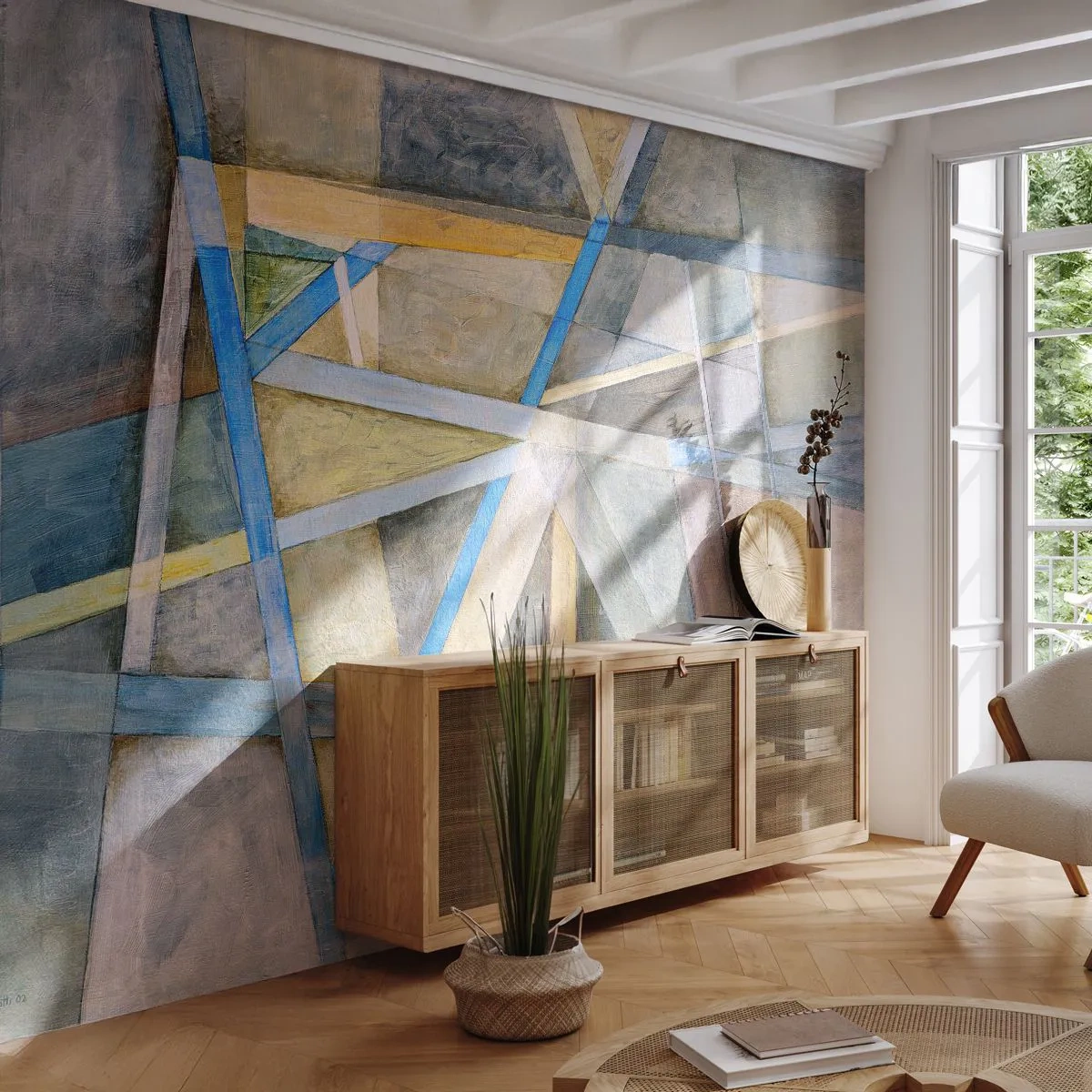 Fotomurali Standard Eco - Astrazione geometrica nei toni del blu e del beige - 100x70cm - Dritto o obliquo? - Decorazione murale moderna per soggiorno e camera da letto ARTTOR