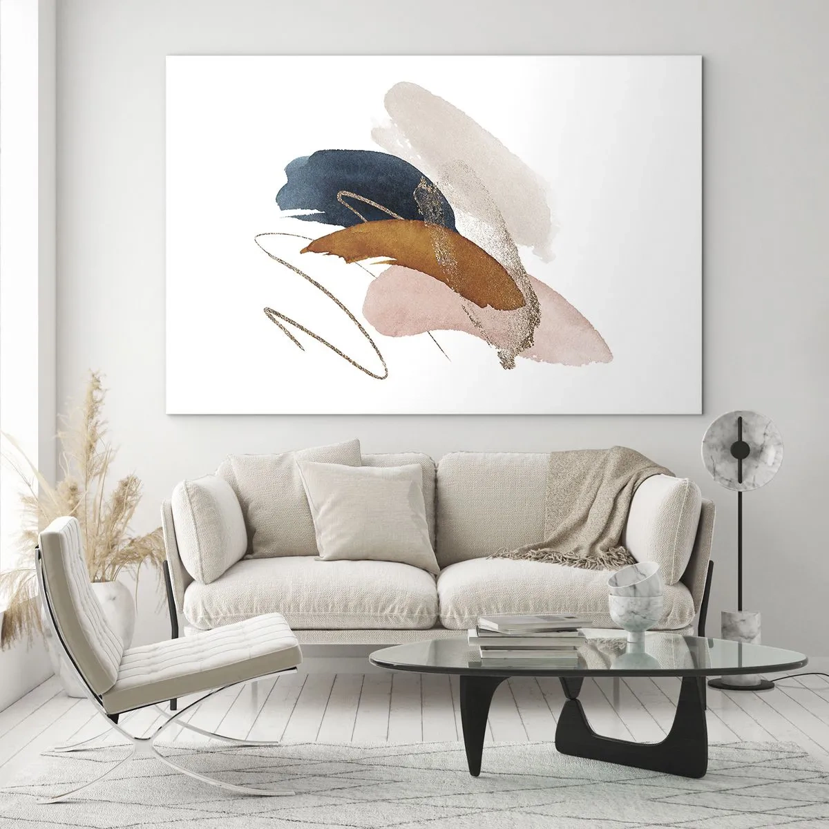 Quadro su vetro - Pennellate astratte in colori tenui - 70x50cm - Composizione alata - Decorazione murale moderna per soggiorno e camera da letto ARTTOR