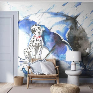 Fotomurali Premium Canvas - Dipinto ad acquerello di un cane dalmata con un ombrello sullo sfondo - 100x70cm - Ecco a cosa serve un amico - Decorazione murale moderna per soggiorno e camera da letto ARTTOR