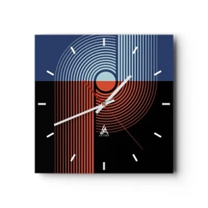 Orologio da parete - Orologio in Vetro - Astrazione geometrica con linee blu navy e arancione. - 30x30cm - Nell'abbraccio geometrico - Decorazione murale moderna per soggiorno e camera da letto ARTTOR