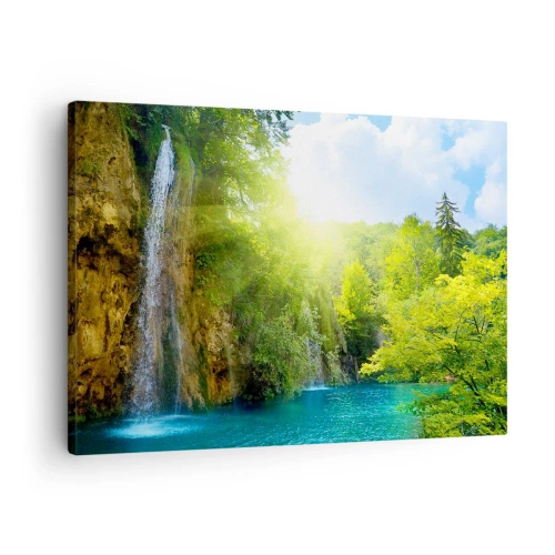 Quadro su tela - Stampe su Tela - Una cascata che sfocia in un lago turchese circondato dal verde - 70x50cm - Così deve essere il paradiso - Decorazione murale moderna per soggiorno e camera da letto ARTTOR