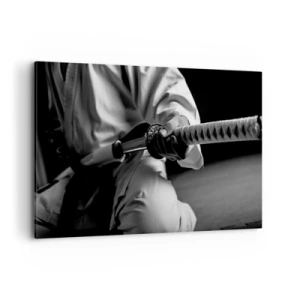 Quadro su tela - Stampe su Tela - Un samurai in kimono che impugna una katana in bianco e nero. - 120x80cm - L'anima del guerriero - Decorazione murale moderna per soggiorno e camera da letto ARTTOR