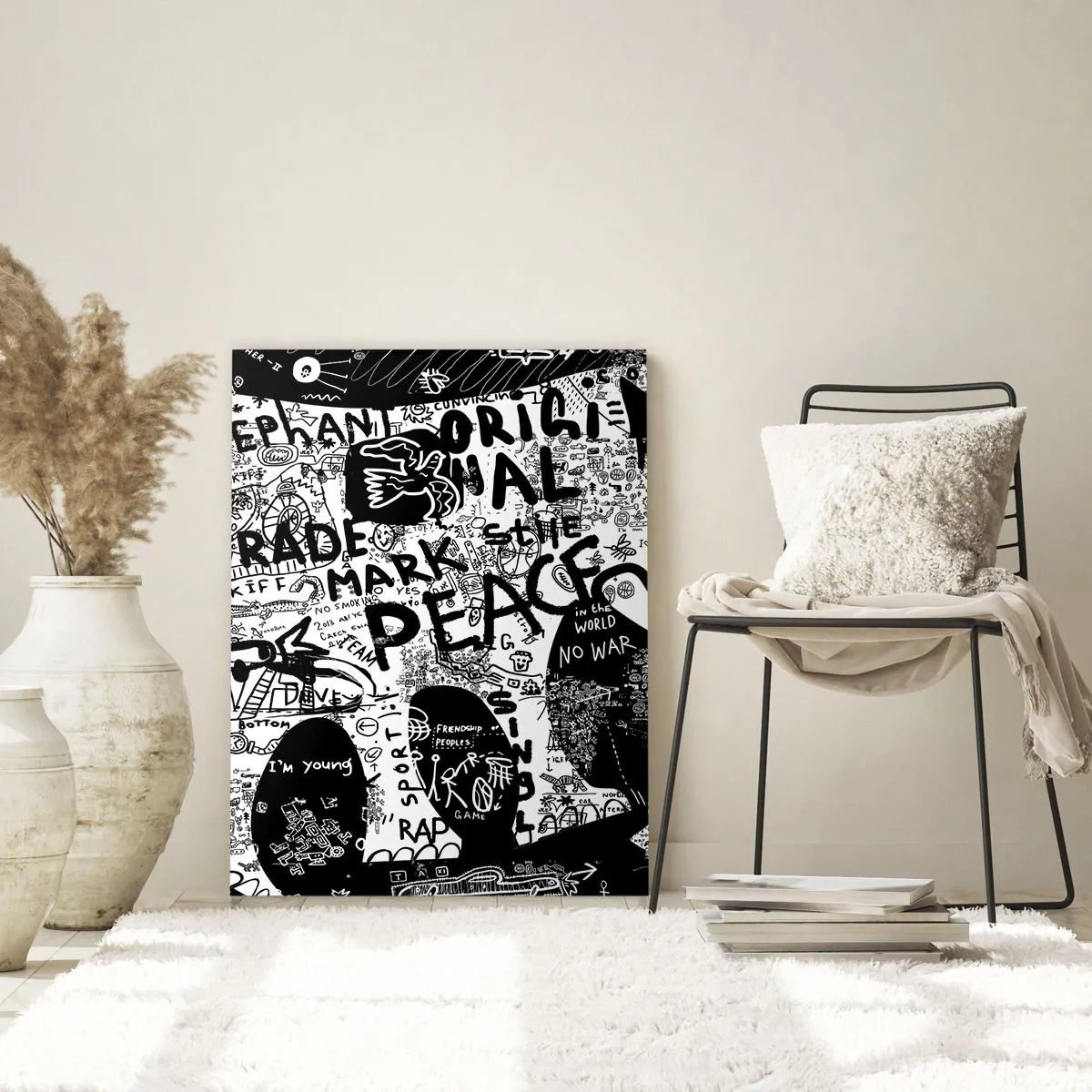 Quadro su vetro - Grafica in bianco e nero con motivi graffiti - 70x100cm - Il ricco mondo della strada - Decorazione murale moderna per soggiorno e camera da letto ARTTOR