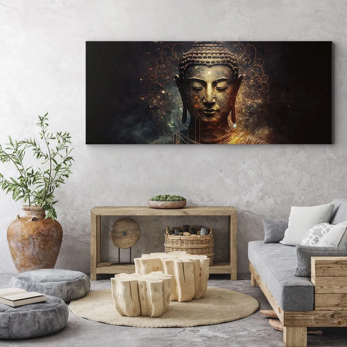 Quadro su tela - Stampe su Tela - Buddha dorato su sfondo scuro con ornamenti - 160x50cm - Equilibrio spirituale - Decorazione murale moderna per soggiorno e camera da letto ARTTOR