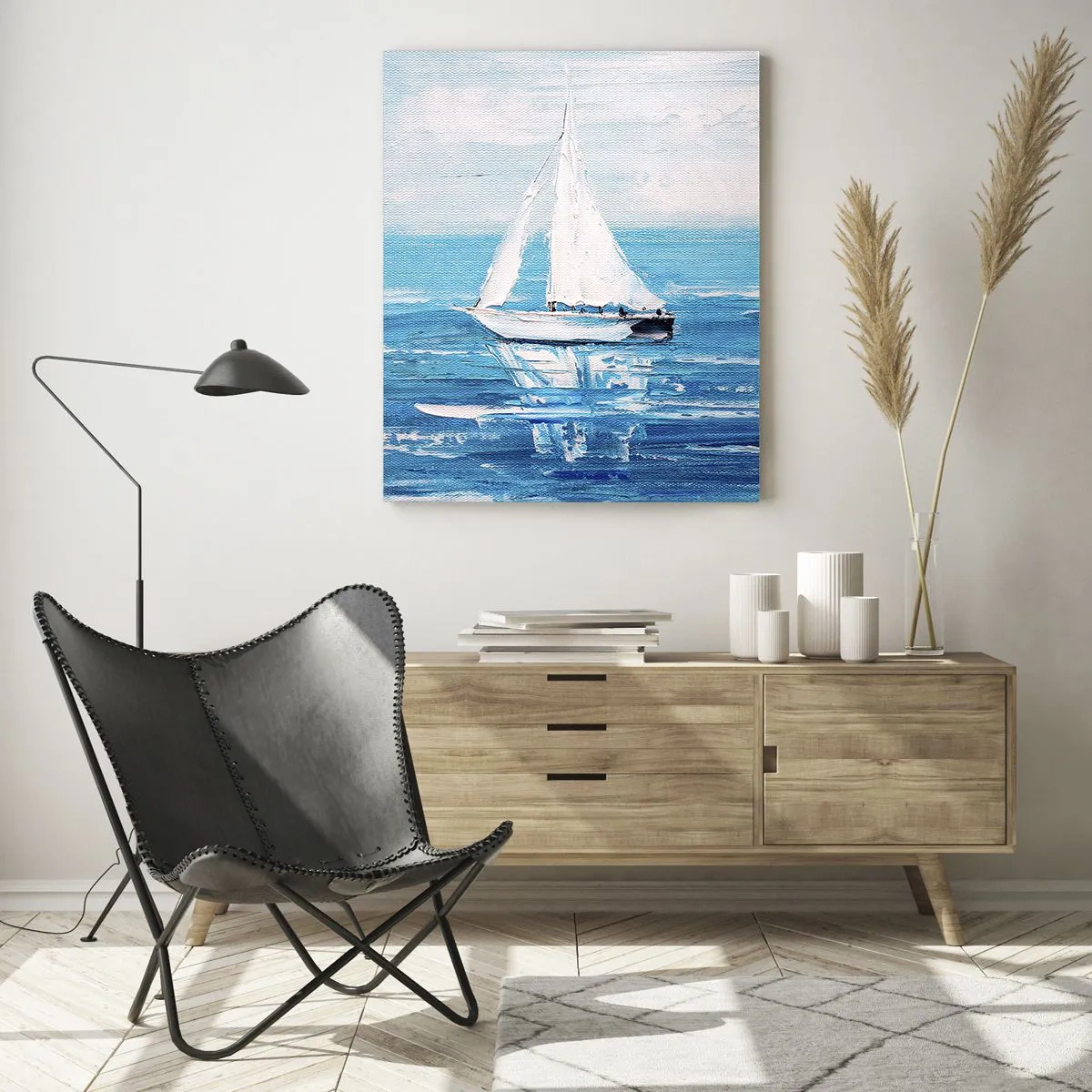 Quadro su vetro - Due barche a vela bianche su un mare blu calmo - 50x70cm - Con un amico al fianco - Decorazione murale moderna per soggiorno e camera da letto ARTTOR