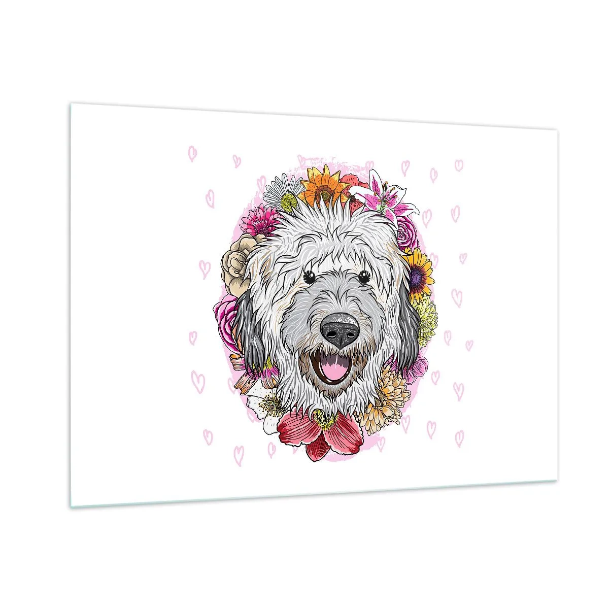 Quadro su vetro - Illustrazione di un cane circondato da fiori - 100x70cm - Gioia di cucciolo - Decorazione murale moderna per soggiorno e camera da letto ARTTOR