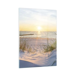Quadro su vetro - Spiaggia al tramonto con vista sul mare e sulle dune - 50x70cm - Rumore del mare, uccelli che cantano, spiaggia selvatica tra i cespugli... - Decorazione murale moderna per soggiorno e camera da letto ARTTOR