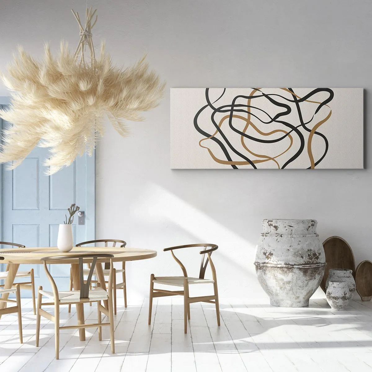 Quadro su tela - Stampe su Tela - Linee aggrovigliate in nero e oro su uno sfondo chiaro - 160x50cm - Tutto è andato storto - Decorazione murale moderna per soggiorno e camera da letto ARTTOR