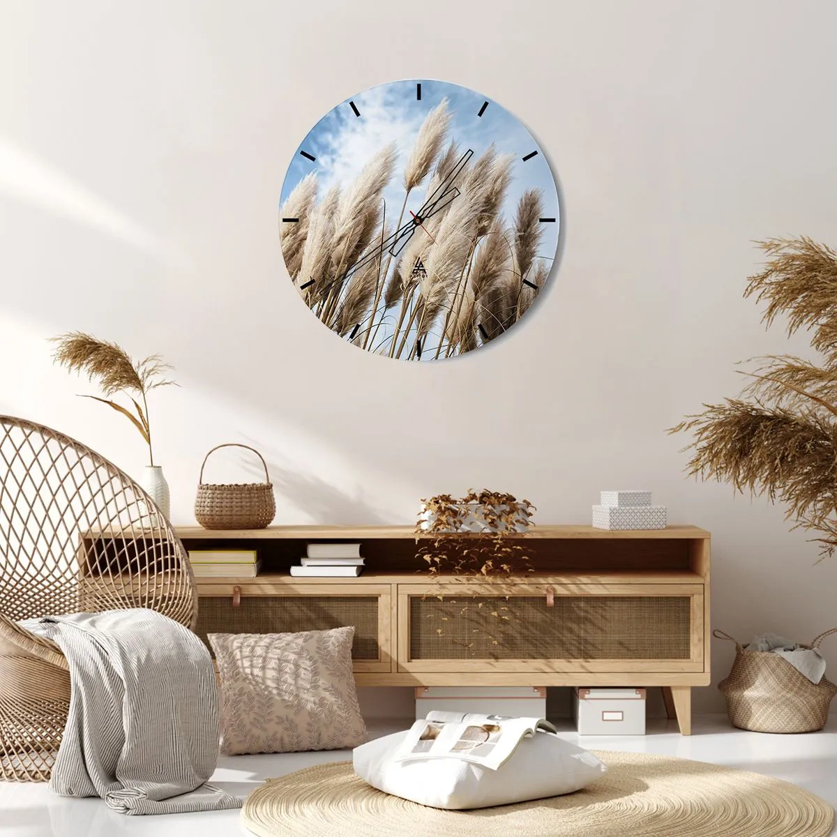 Orologio da parete - Orologio in Vetro - Soffice erba della pampa contro un cielo blu - 30x30cm - Le carezze del sole e del vento - Decorazione murale moderna per soggiorno, cucina e camera da letto ARTTOR