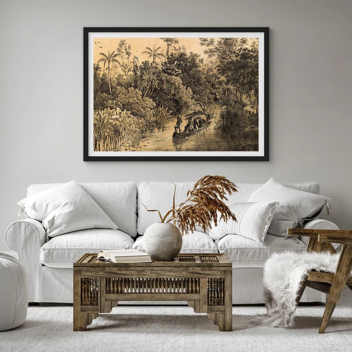 Poster in cornice nera - Disegno di una giungla con una barca su un fiume - 100x70cm - Viaggio alla fonte - Decorazione murale moderna per soggiorno e camera da letto ARTTOR