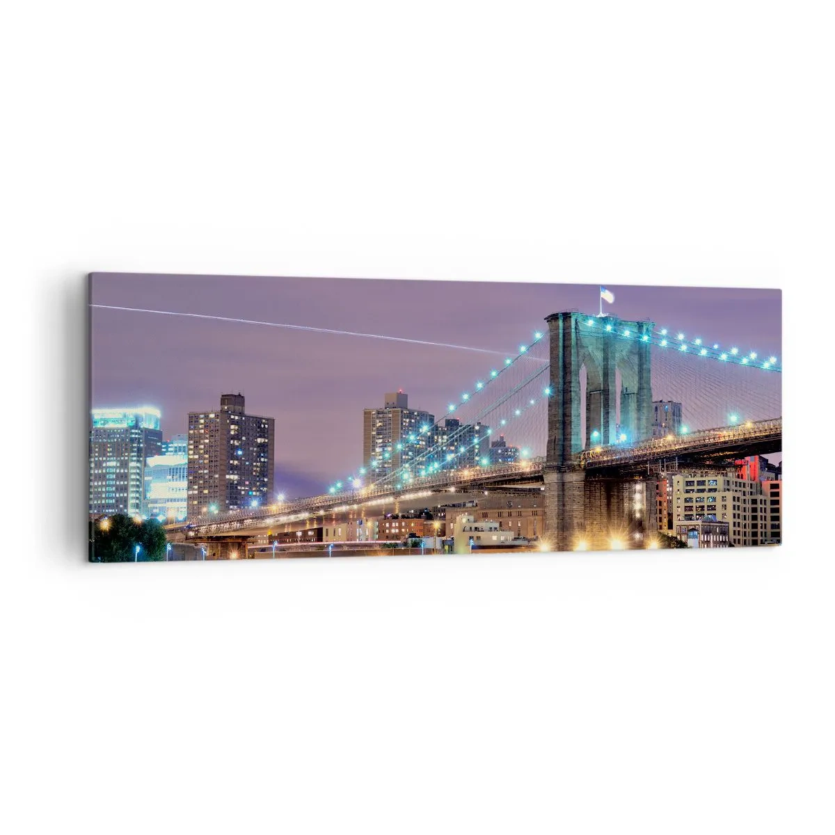 Quadro su tela - Stampe su Tela - Ponte di Brooklyn di notte con la città illuminata sullo sfondo - 140x50cm - Da tanti anni il ponte di Brooklyn - Decorazione murale moderna per soggiorno e camera da letto ARTTOR