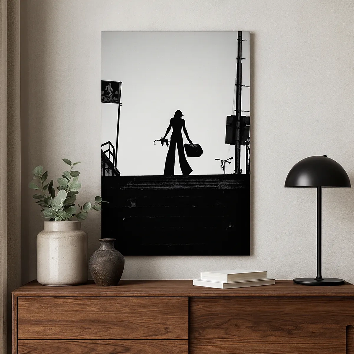 Quadro su tela - Stampe su Tela - Una figura femminile sulle scale in bianco e nero con un'atmosfera dinamica - 50x70cm - Gita cittadina - Decorazione murale moderna per soggiorno e camera da letto ARTTOR