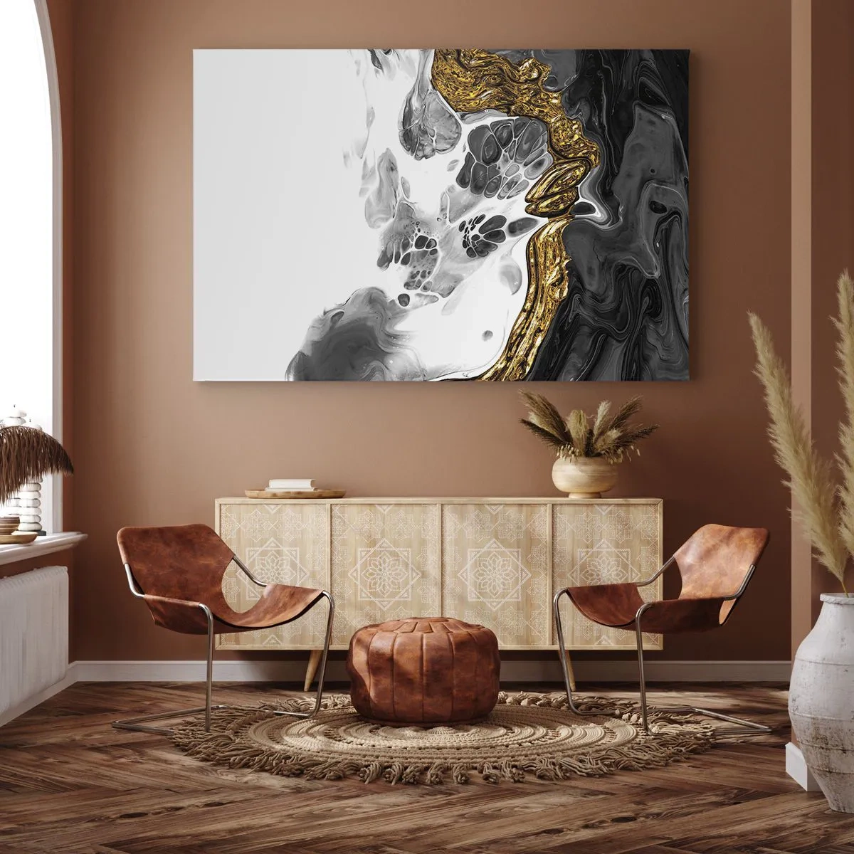 Quadro su tela - Stampe su Tela - Una composizione astratta con accenti di oro e nero. - 120x80cm - Composizione organica - Decorazione murale moderna per soggiorno e camera da letto ARTTOR