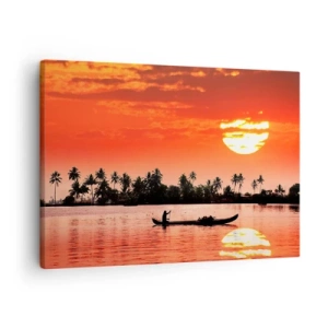 Quadro su tela - Stampe su Tela - Tramonto tropicale con una barca e palme sullo sfondo - 70x50cm - La calma dei tropici al tramonto - Decorazione murale moderna per soggiorno e camera da letto ARTTOR