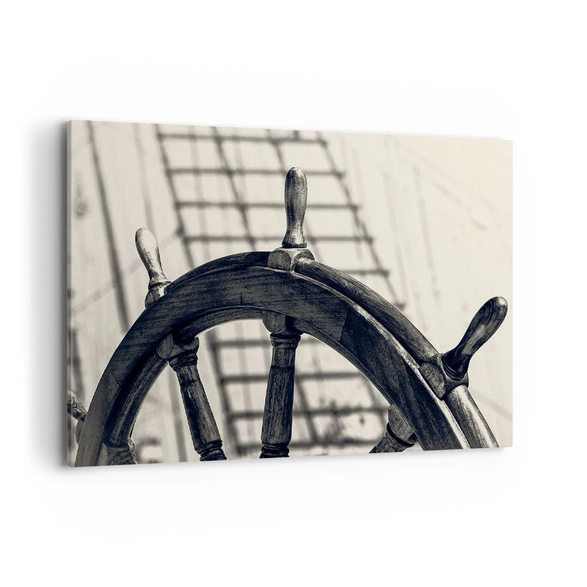 Quadro su tela - Stampe su Tela - Un timone a vela in stile retrò con una nave sullo sfondo - 100x70cm - Racconti del mare - Decorazione murale moderna per soggiorno e camera da letto ARTTOR