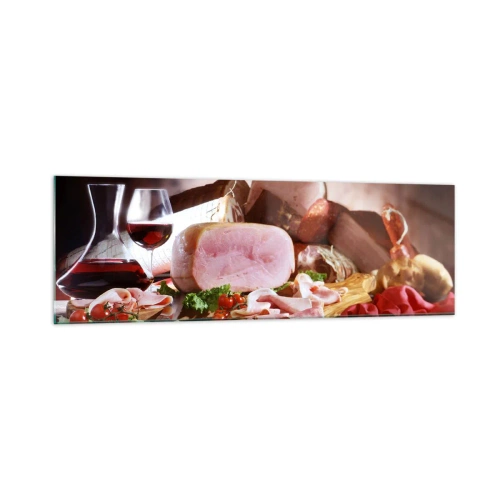 Quadro su vetro - Affettati con vino su sfondo rustico - 160x50cm - Sogno culinario con caraffa - Decorazione murale moderna per soggiorno e camera da letto ARTTOR