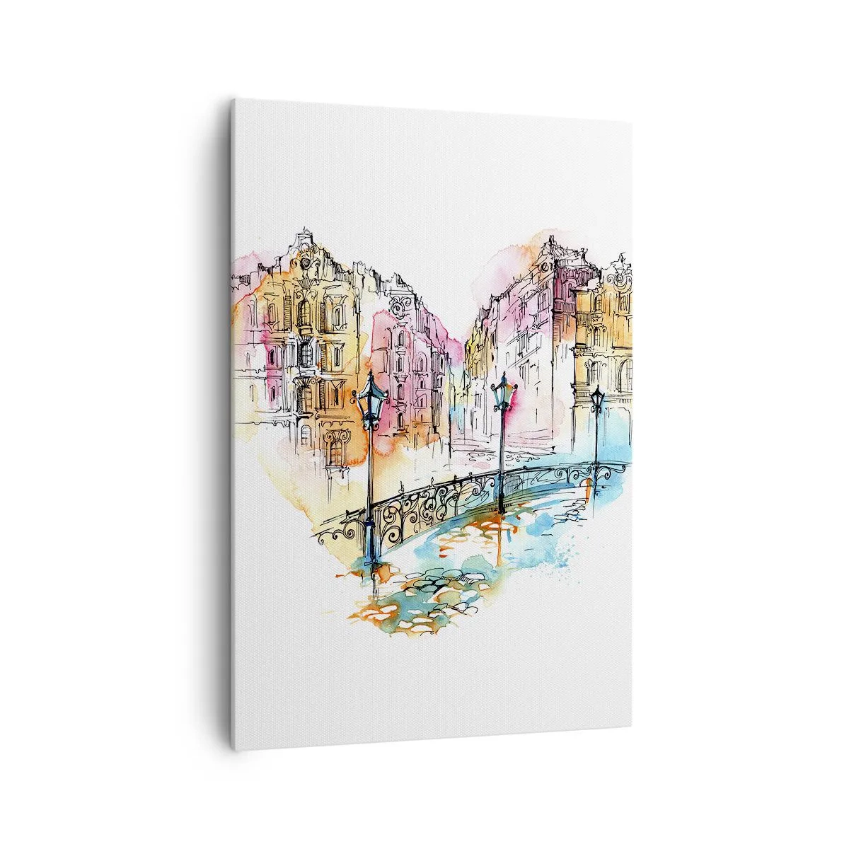 Quadro su tela - Stampe su Tela - Acquerello di un ponte e case popolari a forma di cuore - 70x100cm - Il cuore della città - Decorazione murale moderna per soggiorno e camera da letto ARTTOR