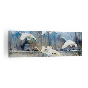 Quadro su tela - Stampe su Tela - Cigni in volo sopra un lago ghiacciato in un paesaggio invernale - 160x50cm - Come la favola dei cigni selvatici - Decorazione murale moderna per soggiorno e camera da letto ARTTOR