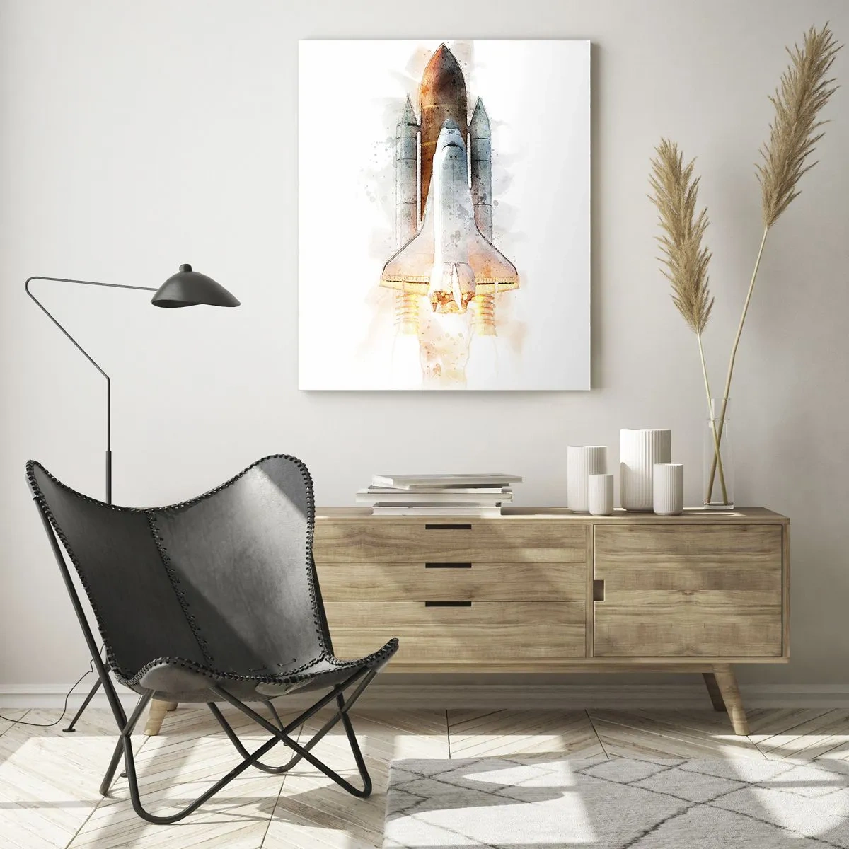 Quadro su vetro - Uno space shuttle in decollo in stile acquerello su sfondo bianco. - 50x70cm - La partenza degli esploratori - Decorazione murale moderna per soggiorno e camera da letto ARTTOR