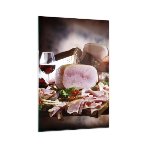 Quadro su vetro - Affettati con vino su sfondo rustico - 70x100cm - Sogno culinario con caraffa - Decorazione murale moderna per soggiorno e camera da letto ARTTOR