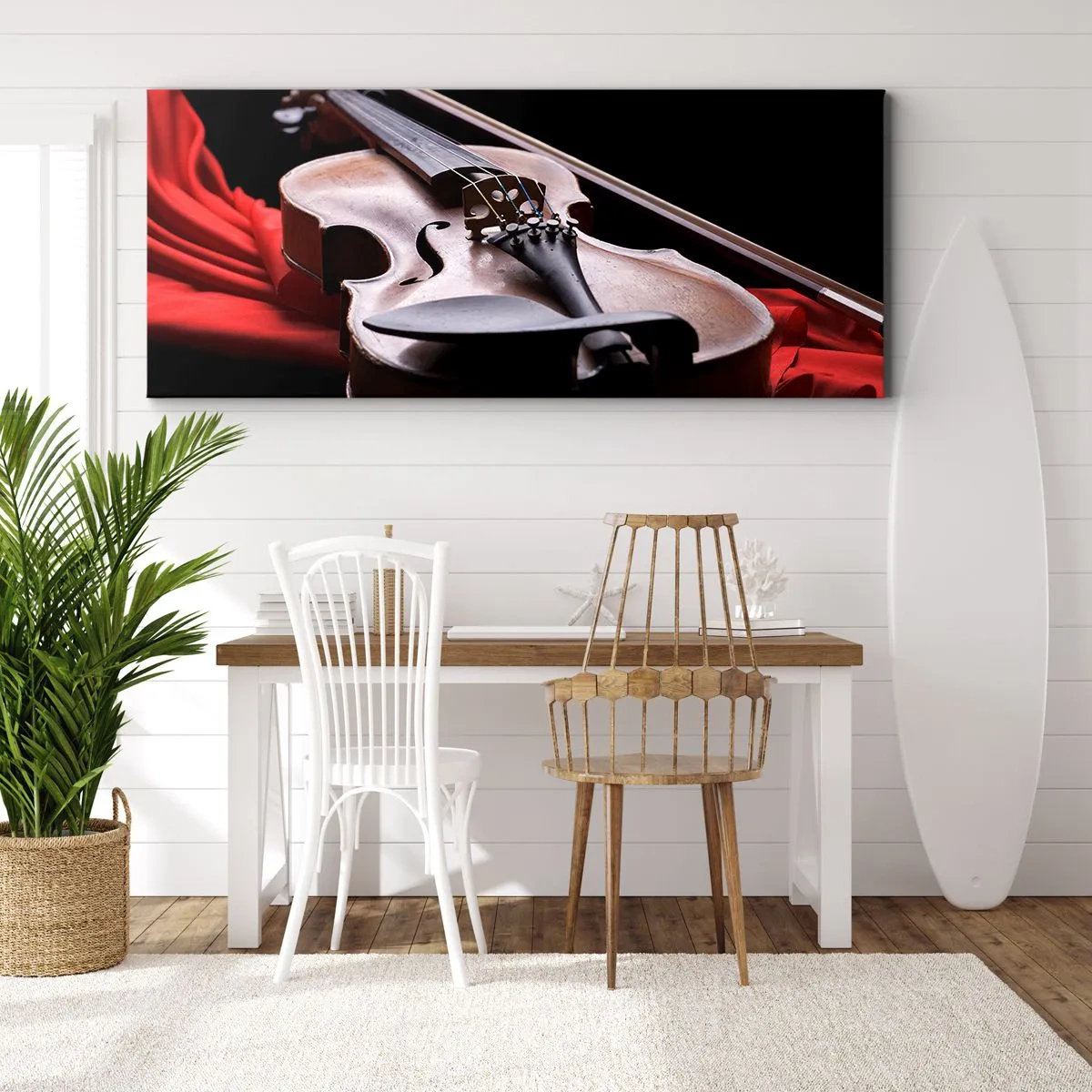 Quadro su tela - Stampe su Tela - Violino su tessuto rosso con sfondo nero - 140x50cm - La musica dei sentimenti - Decorazione murale moderna per soggiorno e camera da letto ARTTOR