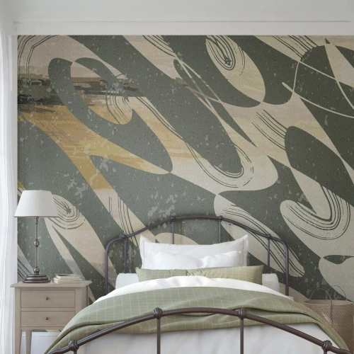 Fotomurali Premium Canvas - Forme dinamiche nei toni del verde e dell'oro - 100x70cm - Astrazione ritmica - Decorazione murale moderna per soggiorno e camera da letto ARTTOR