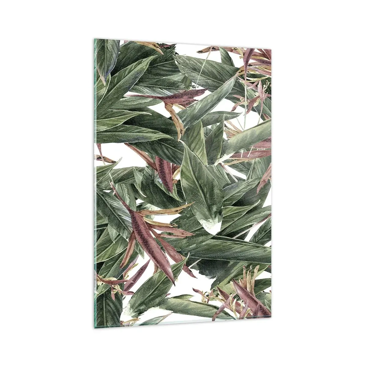 Quadro su vetro - Un motivo decorativo a foglia nei toni del verde e del bordeaux su uno sfondo chiaro - 80x120cm - Macchia smeraldo e lilla - Decorazione murale moderna per soggiorno e camera da letto ARTTOR