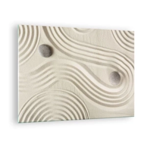 Quadro su vetro - Sabbia minimalista con pietre e motivi geometrici - 70x50cm - Il tocco del calore - Decorazione murale moderna per soggiorno e camera da letto ARTTOR
