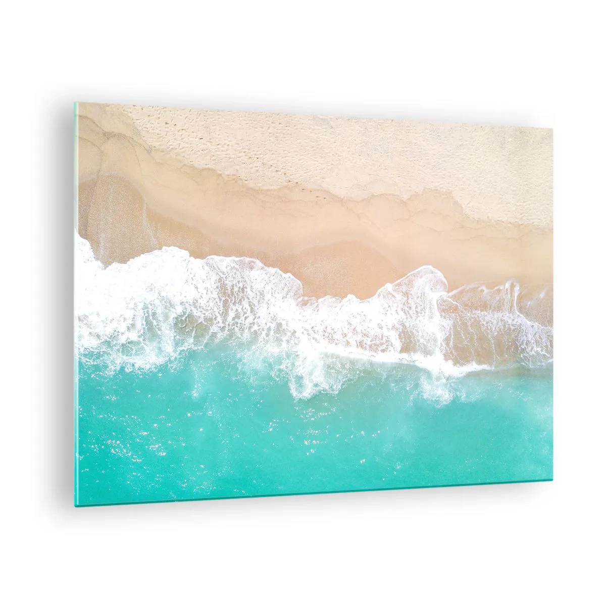 Quadro su vetro - Vista aerea della spiaggia con acqua turchese e onde bianche - 70x50cm - Un tocco carezzevole - Decorazione murale moderna per soggiorno e camera da letto ARTTOR