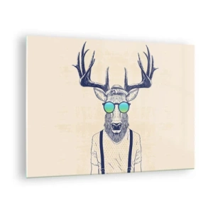 Quadro su vetro - Un elegante cervo con occhiali da sole su uno sfondo chiaro - 70x50cm - E chi ti aspettavi? - Decorazione murale moderna per soggiorno e camera da letto ARTTOR
