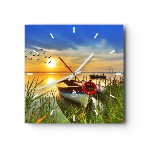 Orologio da parete - Orologio in Vetro - Una barca sulla riva di un lago al tramonto - 30x30cm - I cormorano volano già via - Decorazione murale moderna per soggiorno e camera da letto ARTTOR