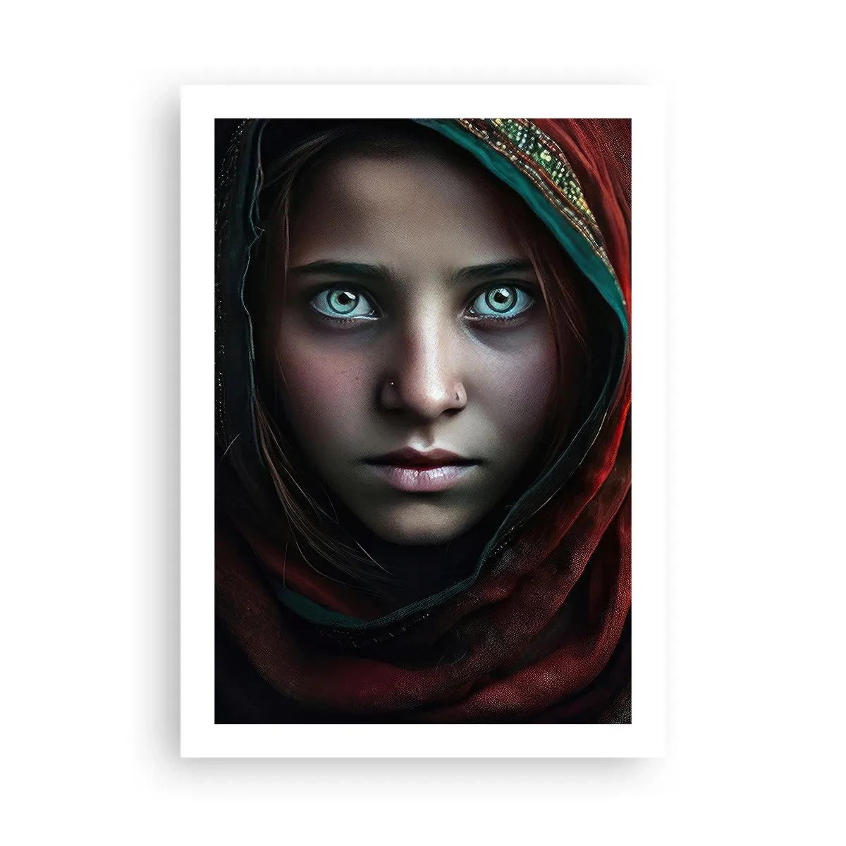 Poster - Ritratto di una ragazza con uno scialle rosso e occhi ipnotizzanti - 50x70cm - Principessa d'oriente - Decorazione murale moderna per soggiorno e camera da letto ARTTOR