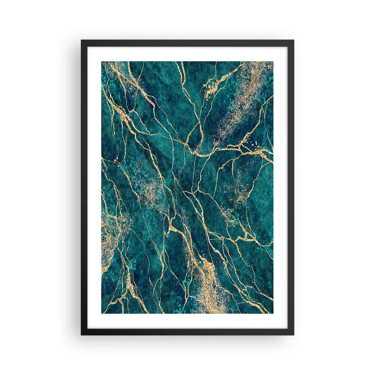 Poster in cornice nera - Venature dorate astratte su uno sfondo di marmo verde - 50x70cm - La vena d'oro - Decorazione murale moderna per soggiorno e camera da letto ARTTOR