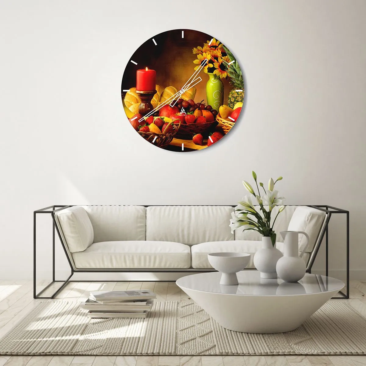 Orologio da parete - Orologio in Vetro - Un cesto di frutta, pane e girasoli sul tavolo - 30x30cm - Natura morta con pane e frutta - Decorazione murale moderna per soggiorno, cucina e camera da letto ARTTOR