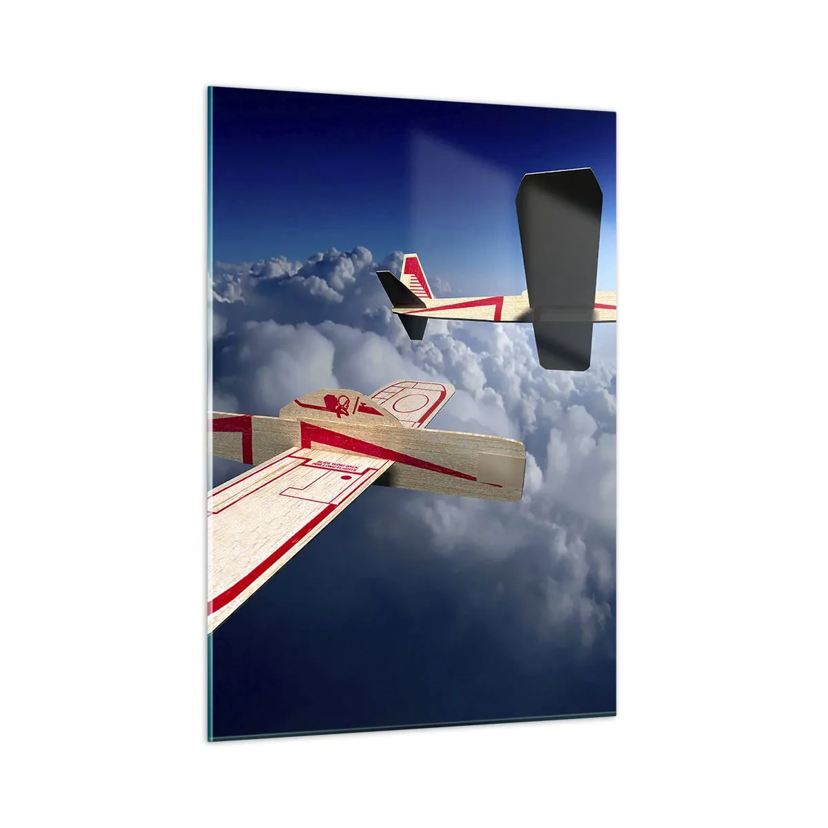 Quadro su vetro - Modellini di aeroplani che planano tra le nuvole - 50x70cm - Più in alto, più lontano - Decorazione murale moderna per soggiorno e camera da letto ARTTOR