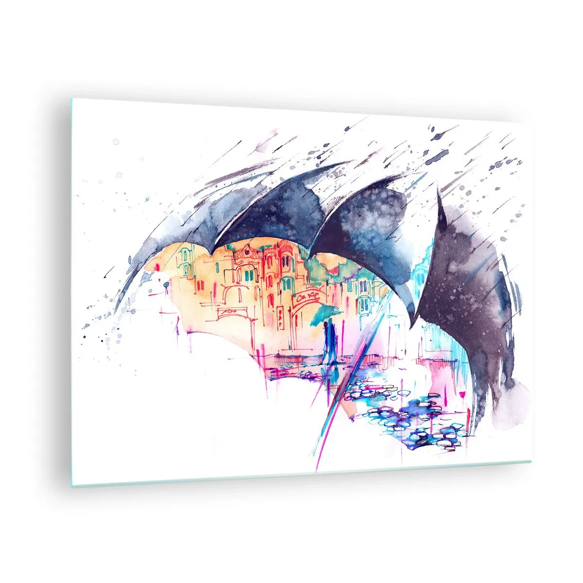 Quadro su vetro - Una città colorata sullo sfondo sotto un ombrello nero - 70x50cm - Passeggiata sotto la pioggia - Decorazione murale moderna per soggiorno e camera da letto ARTTOR