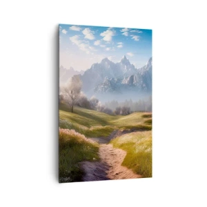 Quadro su tela - Stampe su Tela - Una valle di montagna con prati, rifugi e vista sulle cime - 80x120cm - Valle idilliaca - Decorazione murale moderna per soggiorno e camera da letto ARTTOR