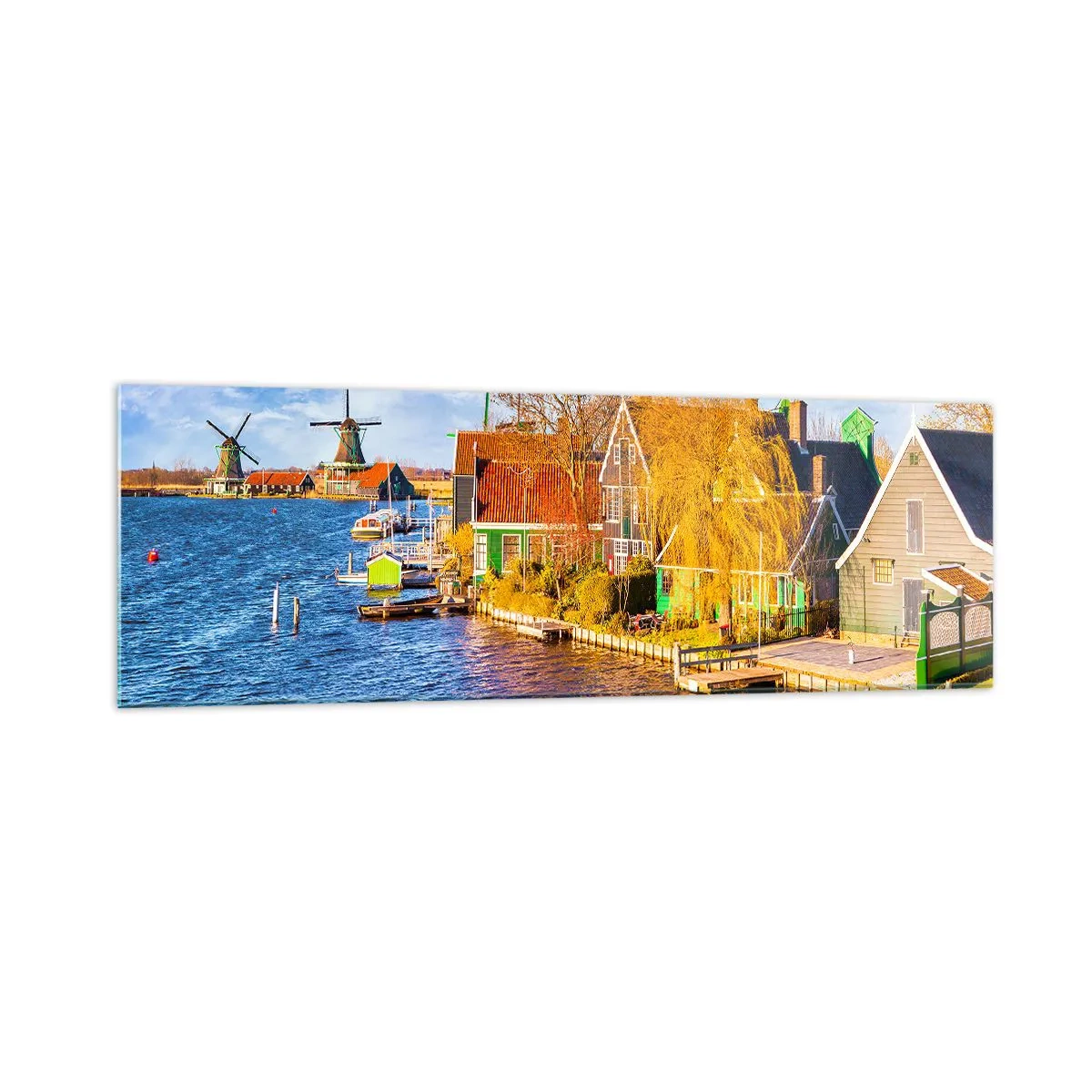 Quadro su vetro - Case pittoresche e mulini a vento in riva all'acqua - 160x50cm - Da secoli immutabile - Decorazione murale moderna per soggiorno e camera da letto ARTTOR