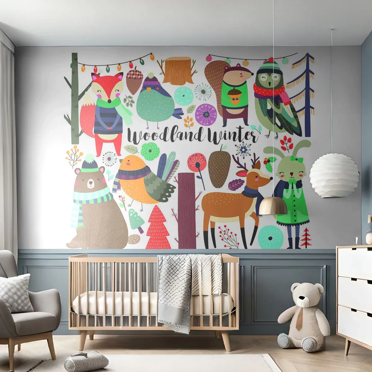 Fotomurale su misura Adesiva Deluxe Sticker - Le feste incantate nel bosco - Per bambini, Inverno Nella Foresta, Animali