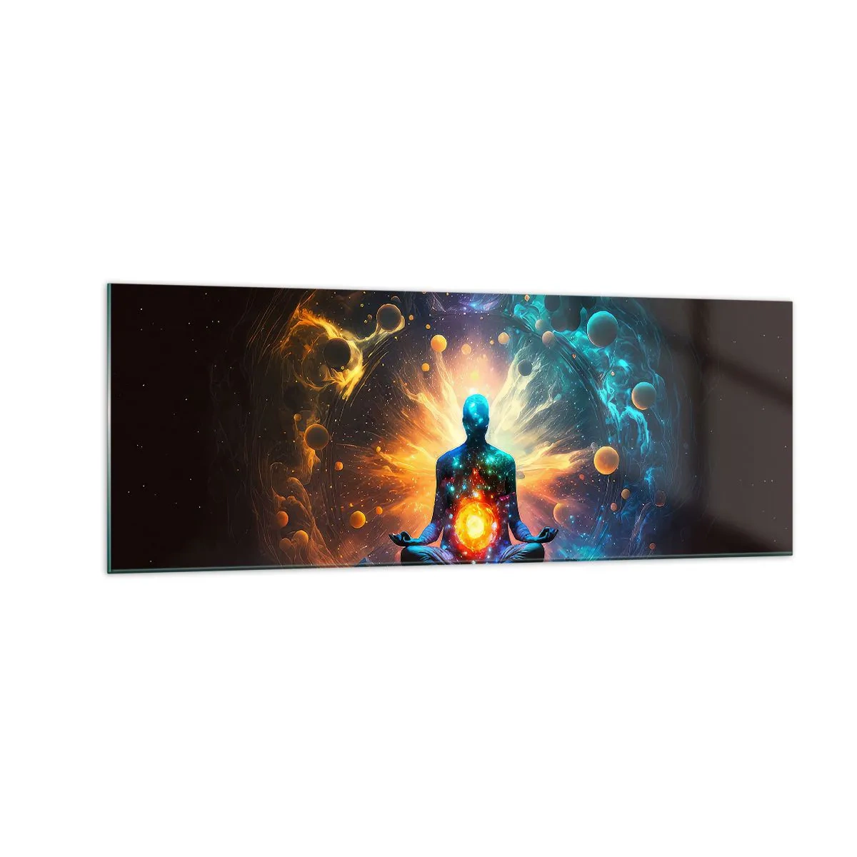 Quadro su vetro - Una figura in meditazione circondata da un'aura cosmica - 140x50cm - Pace cosmica - Decorazione murale moderna per soggiorno e camera da letto ARTTOR
