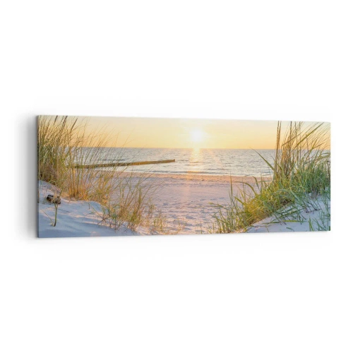 Quadro su tela - Stampe su Tela - Una spiaggia sabbiosa con vista sul tramonto sul mare - 140x50cm - Rumore del mare, uccelli che cantano, spiaggia selvatica tra i cespugli... - Decorazione murale moderna per soggiorno e camera da letto ARTTOR