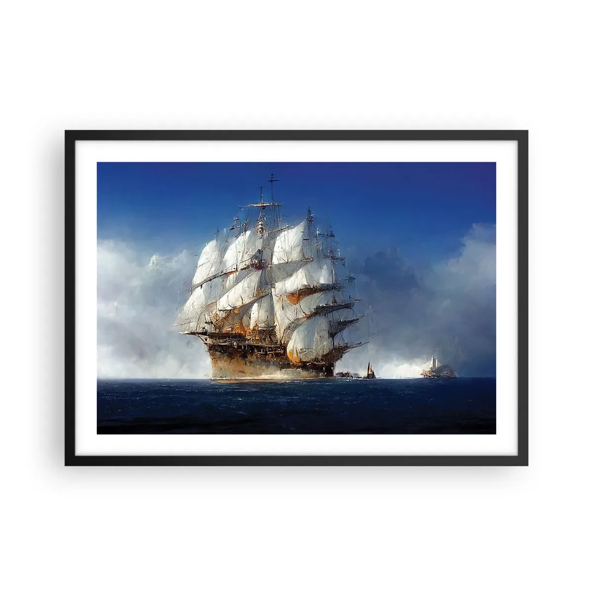 Poster in cornice nera - Una nave a vela in mare aperto sotto un cielo azzurro - 70x50cm - The great glory! - Decorazione murale moderna per soggiorno e camera da letto ARTTOR