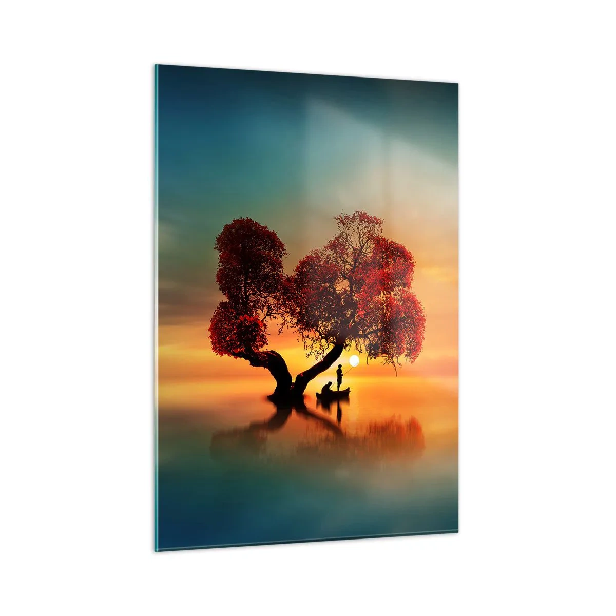 Quadro su vetro - Un albero con foglie rosse sullo sfondo del tramonto - 50x70cm - Gli esiliati e il silenzio fuori dal mondo - Decorazione murale moderna per soggiorno e camera da letto ARTTOR
