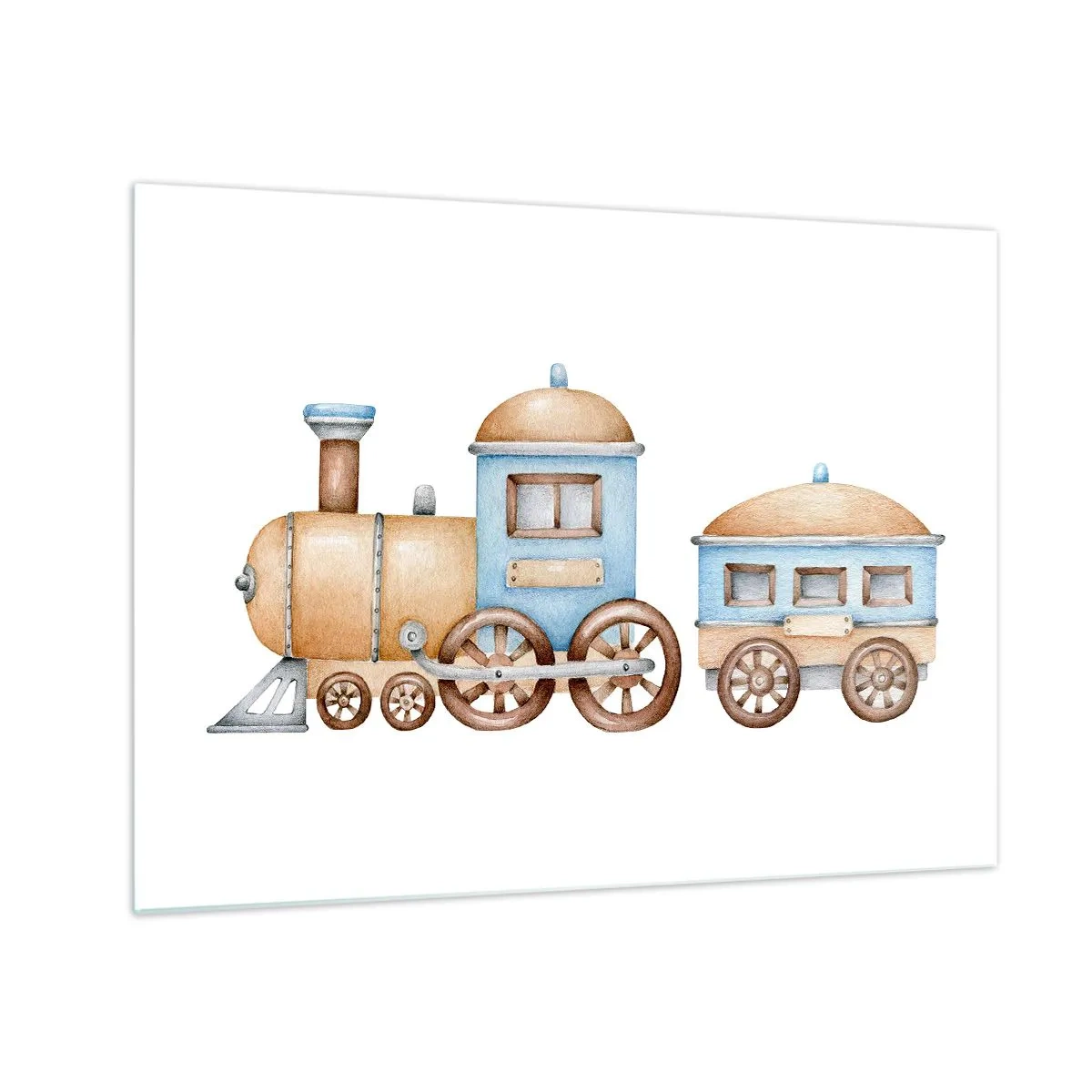 Quadro su vetro - Illustrazione di un treno a vapore nei toni del blu e del beige su sfondo bianco - 70x50cm - Fermo alla stazione... - Decorazione murale moderna per soggiorno e camera da letto ARTTOR