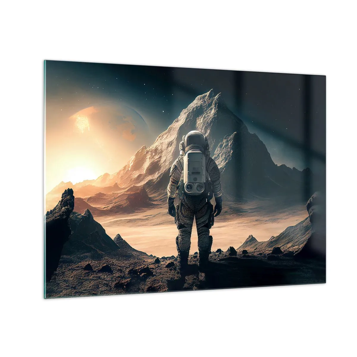 Quadro su vetro - Astronauta su un pianeta alieno con un paesaggio montuoso - 70x50cm - Nuova sfida - Decorazione murale moderna per soggiorno e camera da letto ARTTOR