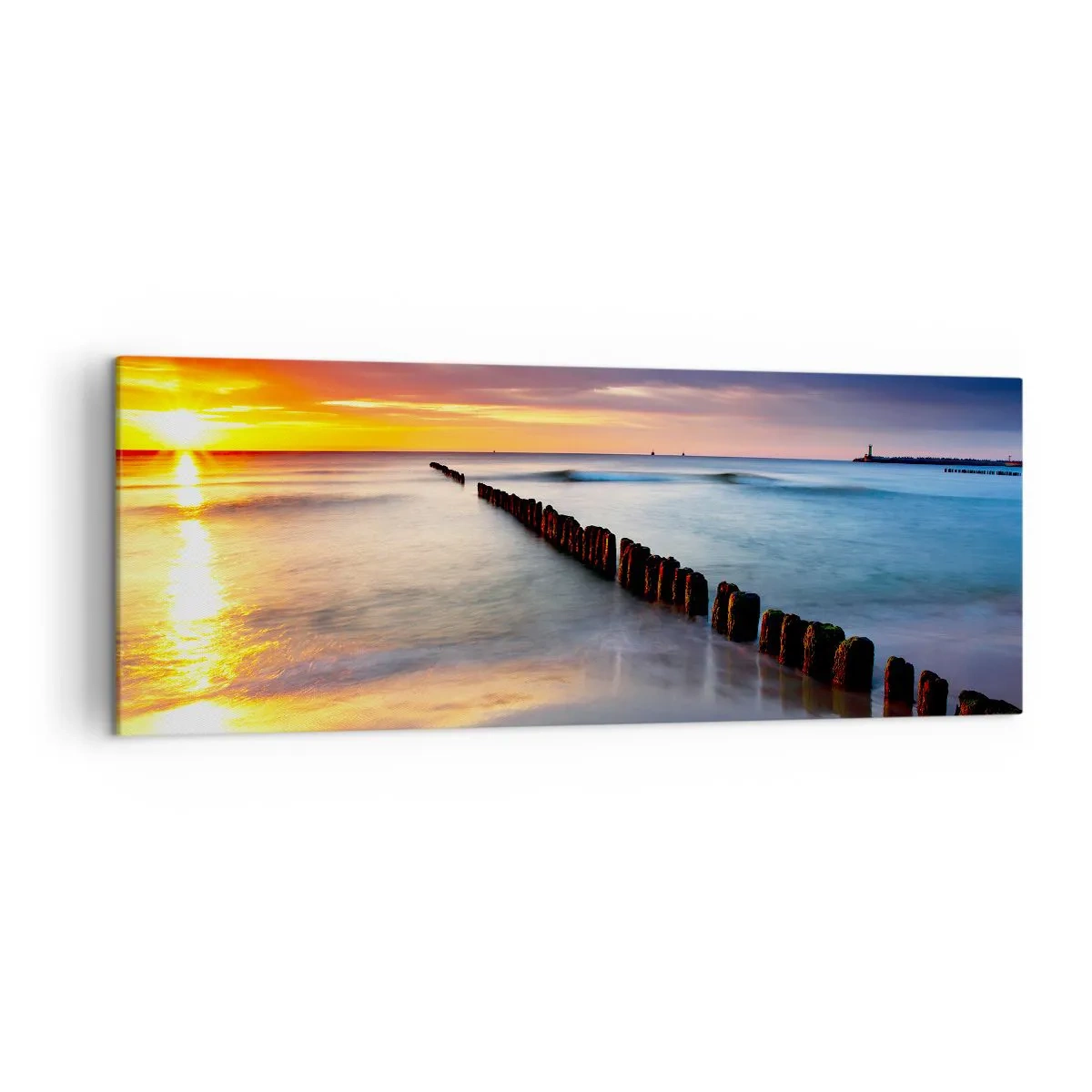 Quadro su tela - Stampe su Tela - Tramonto sul mare con un frangiflutti in primo piano - 140x50cm - Ascolta il silenzio - Decorazione murale moderna per soggiorno e camera da letto ARTTOR