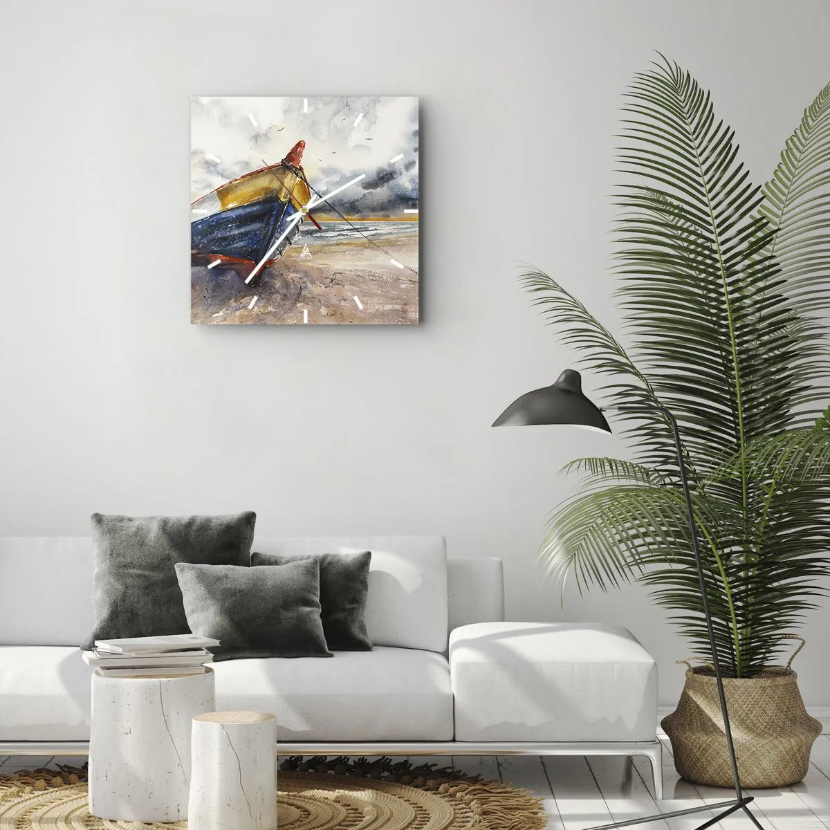 Orologio da parete - Orologio in Vetro - Una pittoresca barca sulla spiaggia sotto un cielo nuvoloso - 30x30cm - Riposo sulla riva - Decorazione murale moderna per soggiorno e camera da letto ARTTOR