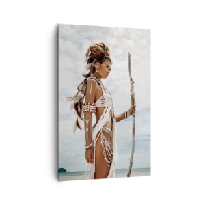 Quadro su tela - Stampe su Tela - Donna stilizzata sulla spiaggia con ornamenti etnici e un bastone - 80x120cm - La regina dei tropici - Decorazione murale moderna per soggiorno e camera da letto ARTTOR